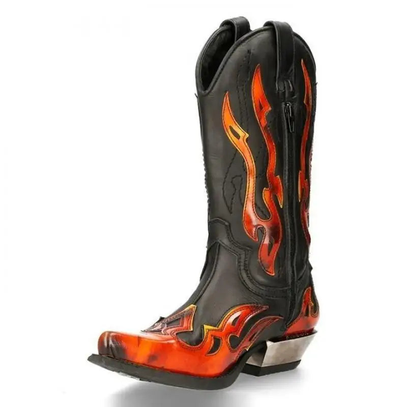 Embroidered Flame Colorblocked Knee-High Boots Fashionable Pointed Toe Thick-Heel Knight Botines Large-Size Men Botas Femininas