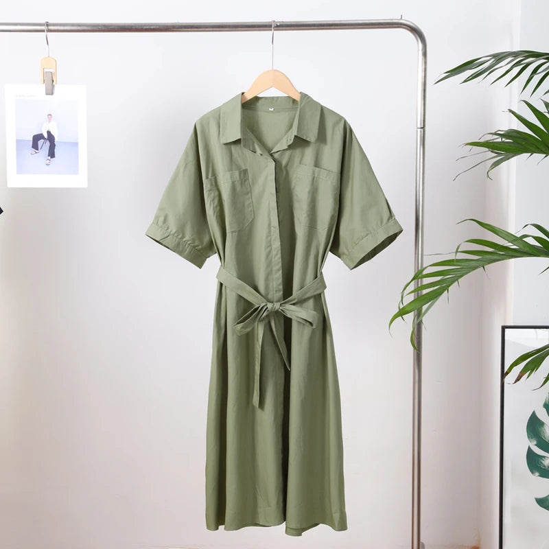 Casual Women's Lace Up Dress Single-Breasted Turn-Down Collar Short Sleeve Lady Dresses 2025 Spring Summer Loose Female Robe