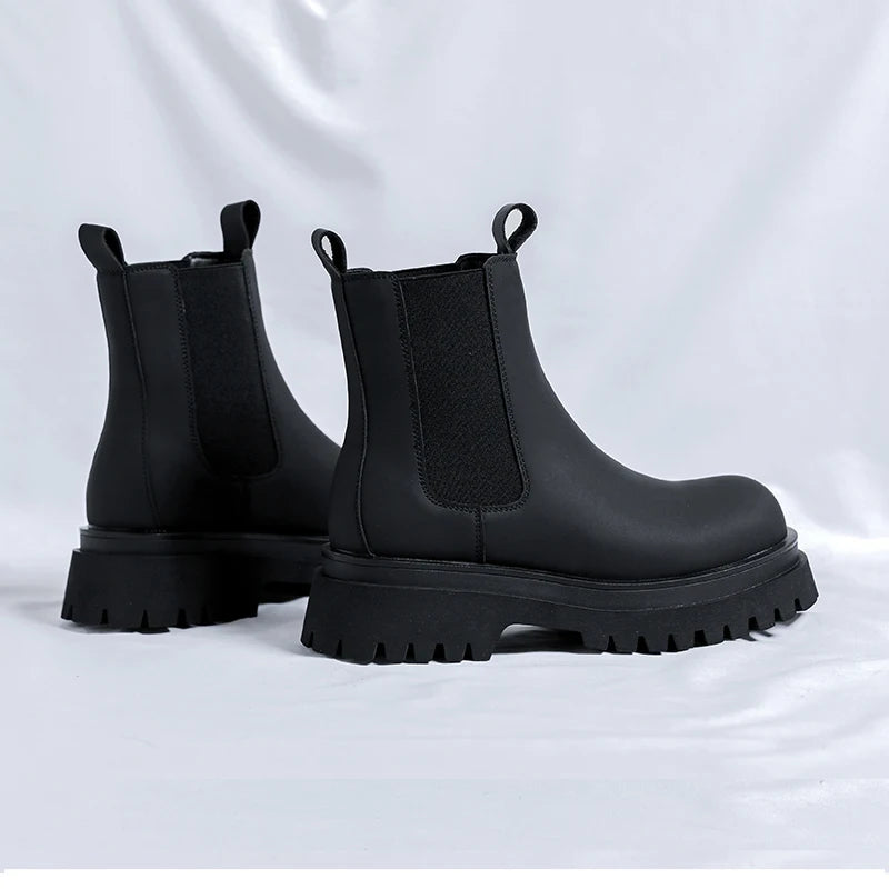 HypeHub Black Leather Platform Ankle Boots – Men's Motorcycle Style
