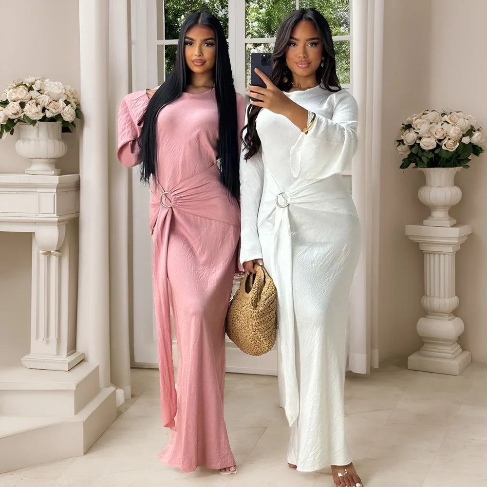 2024 Autumn Fashion Women's Leisure Elegant Maxi Dress Metal Buckle Retro Solid Long A-line Women's Dress Party Vestidos Robes