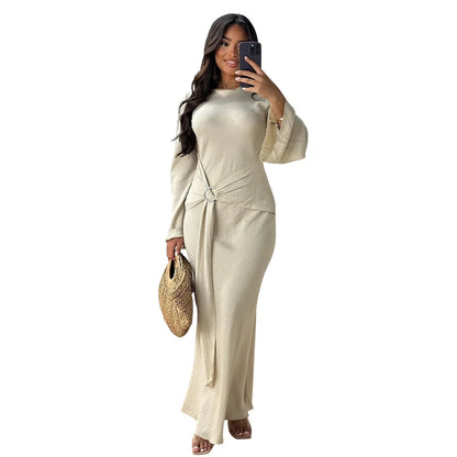 2024 Autumn Fashion Women's Leisure Elegant Maxi Dress Metal Buckle Retro Solid Long A-line Women's Dress Party Vestidos Robes