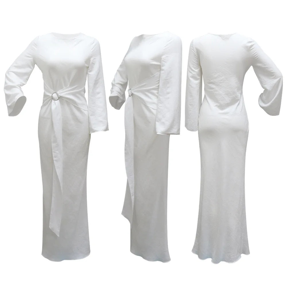 2024 Autumn Fashion Women's Leisure Elegant Maxi Dress Metal Buckle Retro Solid Long A-line Women's Dress Party Vestidos Robes