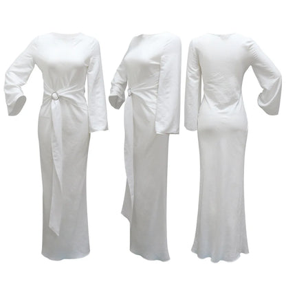 2024 Autumn Fashion Women's Leisure Elegant Maxi Dress Metal Buckle Retro Solid Long A-line Women's Dress Party Vestidos Robes