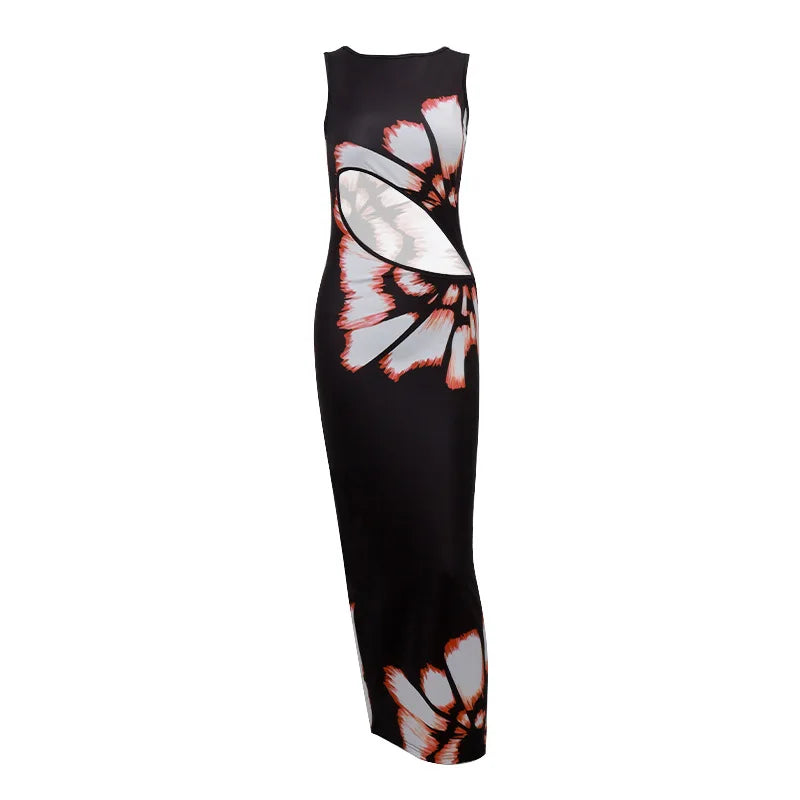 Hollow Out Printed Sleeveless Maxi Dress Women's Summer Fashion Slim High Waist Sexy Elegant Female Bodycon Long Dress New