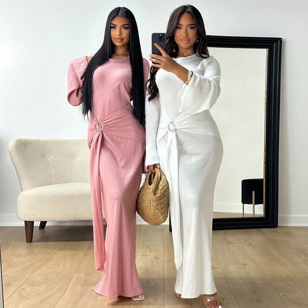 2024 Autumn Fashion Women's Leisure Elegant Maxi Dress Metal Buckle Retro Solid Long A-line Women's Dress Party Vestidos Robes