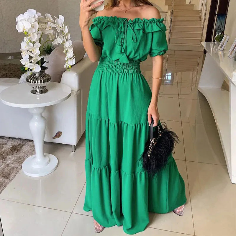 Spring Summer Women's New Dress, Women's Fashion Temperament, Ruffle Edge One Neck Short Sleeved Bubble Sleeve Dress