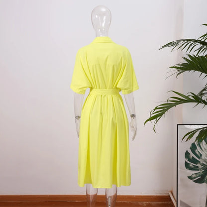 Casual Women's Lace Up Dress Single-Breasted Turn-Down Collar Short Sleeve Lady Dresses 2025 Spring Summer Loose Female Robe