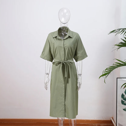 Casual Women's Lace Up Dress Single-Breasted Turn-Down Collar Short Sleeve Lady Dresses 2025 Spring Summer Loose Female Robe