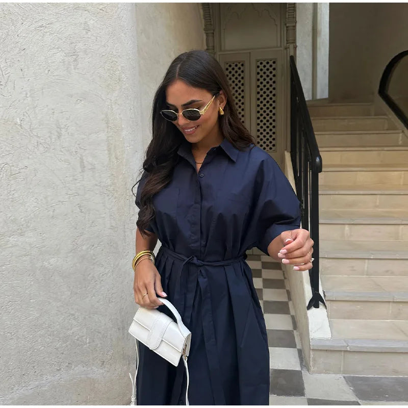 Casual Women's Lace Up Dress Single-Breasted Turn-Down Collar Short Sleeve Lady Dresses 2025 Spring Summer Loose Female Robe
