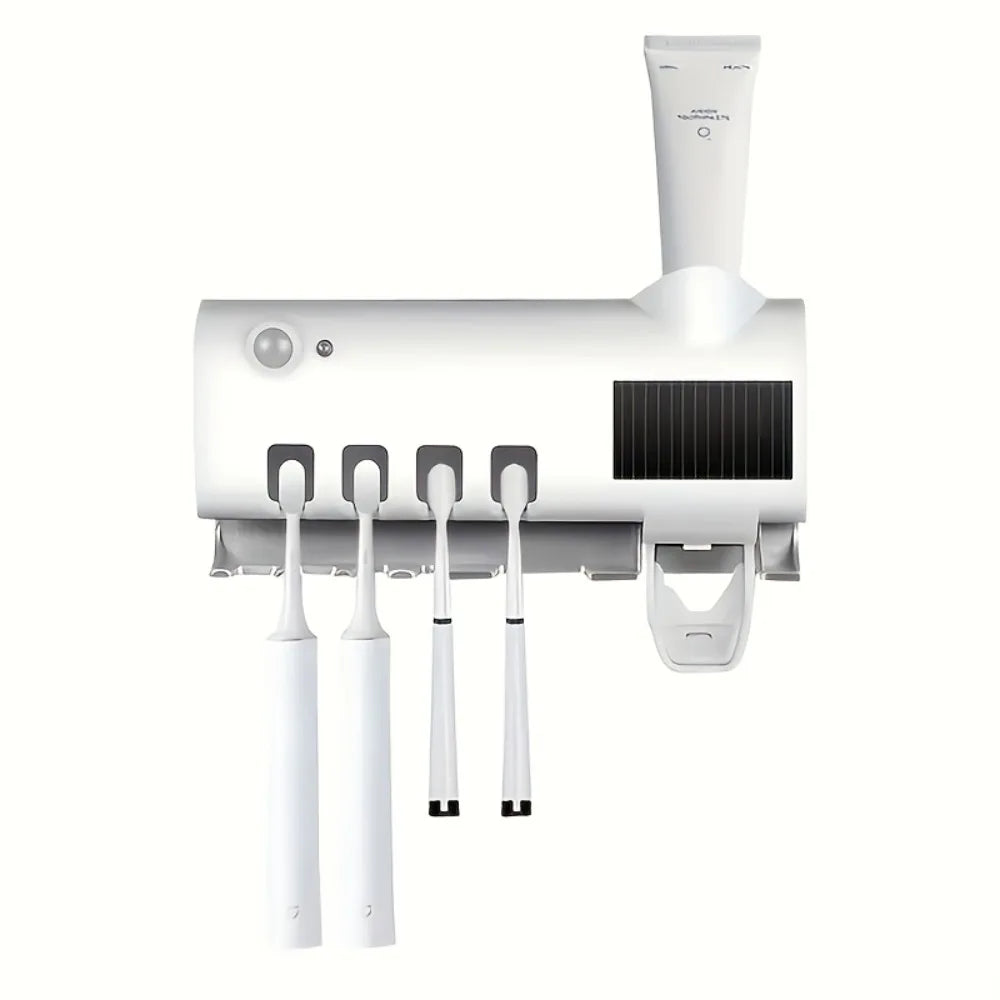 White Smart Toothbrush Holder Auto Dispenser USB Charging Wall Mount Perfect for home and business bathrooms
