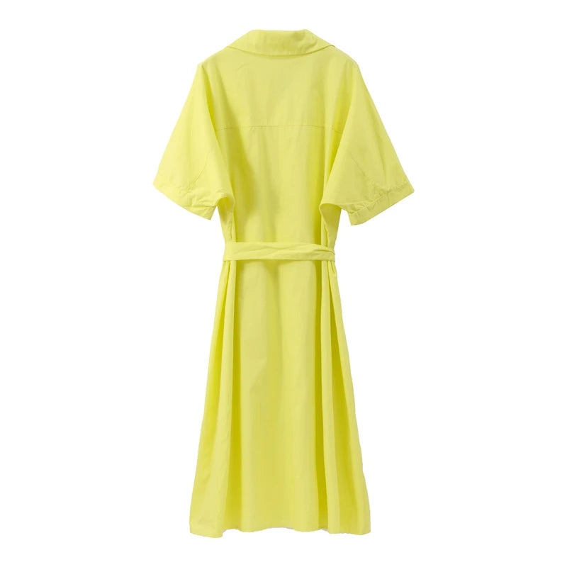 Casual Women's Lace Up Dress Single-Breasted Turn-Down Collar Short Sleeve Lady Dresses 2025 Spring Summer Loose Female Robe