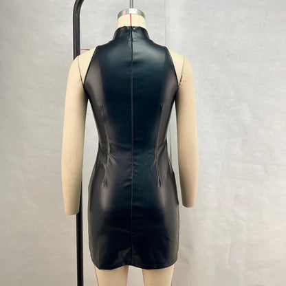 Fashion PU Leather Mini Dress Women Elegant Stand Collar Bodycon Short Party Dress Female Sexy Slim Sleeveless Evening Vestidos