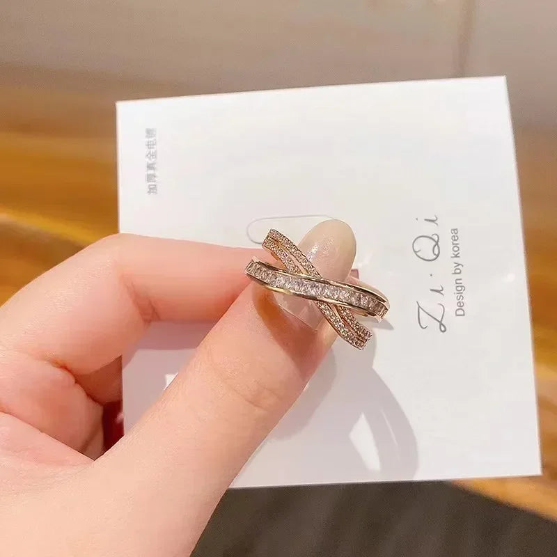 MOONBIFFY Gold Stainless Steel Cross Zircon Wedding Band Ring for Women