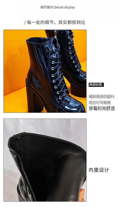Ankle Boots Round Toe Block High Heel 14cm Platform Zipper Lace Up Plus Size 35-43 Party Booty Solid Platform Boots Ladies Shoes