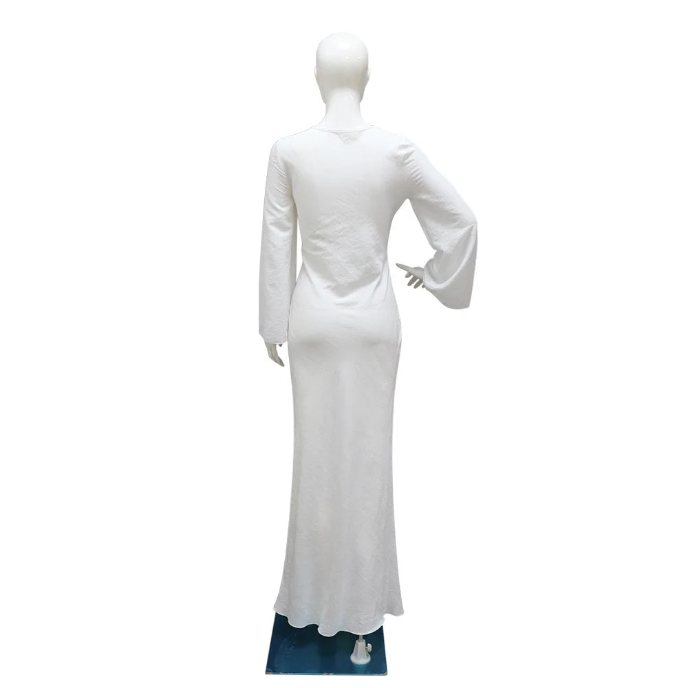2024 Autumn Fashion Women's Leisure Elegant Maxi Dress Metal Buckle Retro Solid Long A-line Women's Dress Party Vestidos Robes