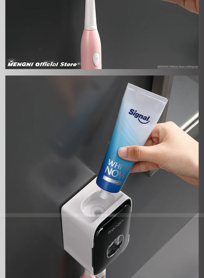 MENGNI Automatic Toothpaste Dispenser Wall-Mounted Bathroom Toothpaste Squeezer Punch-Free Toothbrush Holder Rack Bathroom Acces