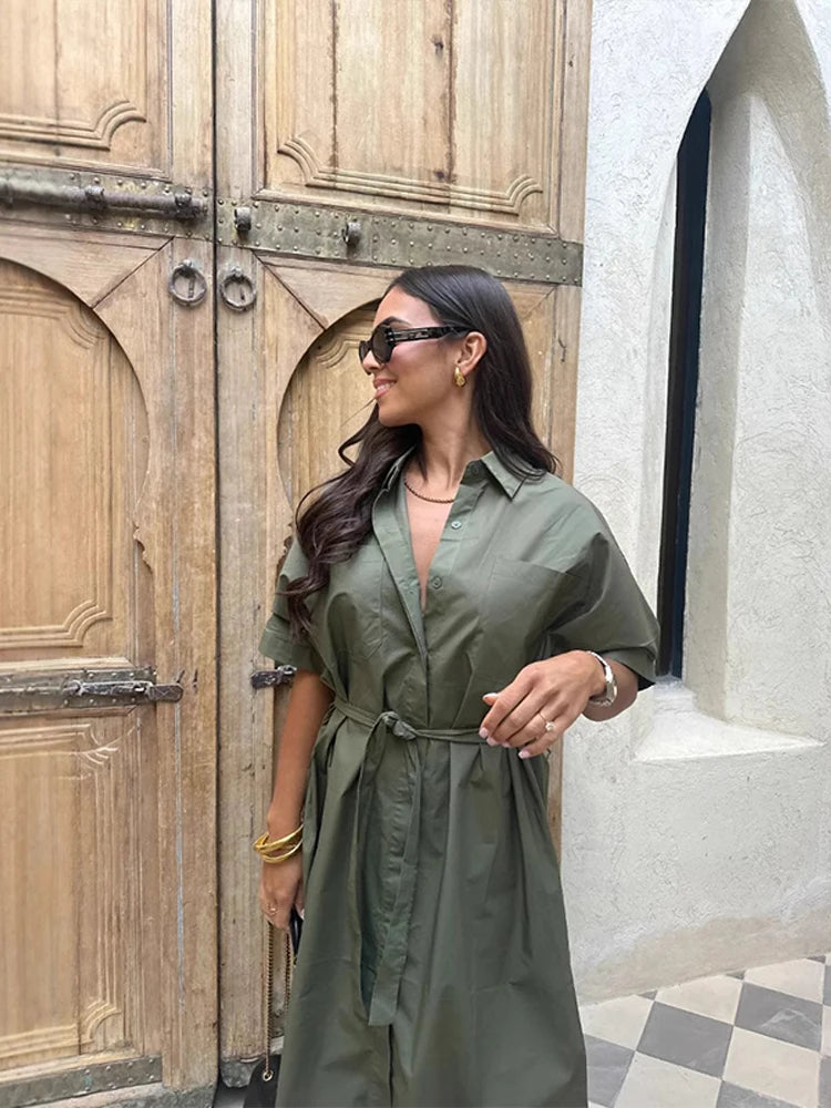 Casual Women's Lace Up Dress Single-Breasted Turn-Down Collar Short Sleeve Lady Dresses 2025 Spring Summer Loose Female Robe