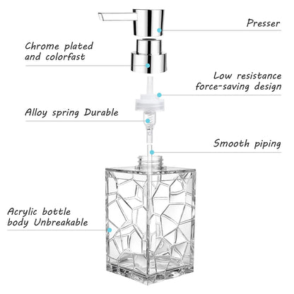 Clear Acrylic Liquid Hand Soap Dispenser（10oz） with Silver ABS Rust-Proof Pump for Bathroom, Kitchen, Countertop Transparent