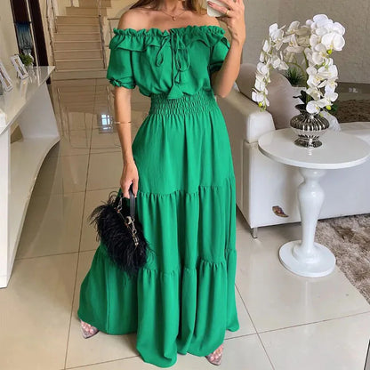 Spring Summer Women's New Dress, Women's Fashion Temperament, Ruffle Edge One Neck Short Sleeved Bubble Sleeve Dress