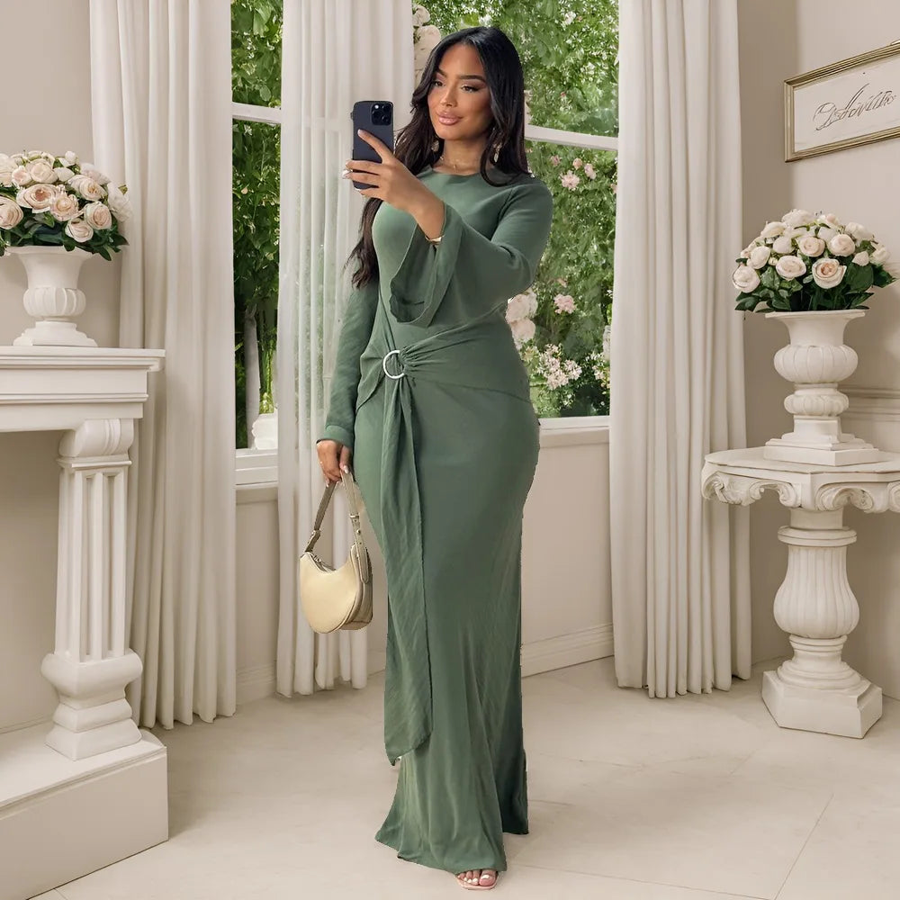 2024 Autumn Fashion Women's Leisure Elegant Maxi Dress Metal Buckle Retro Solid Long A-line Women's Dress Party Vestidos Robes