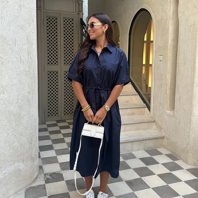 Casual Women's Lace Up Dress Single-Breasted Turn-Down Collar Short Sleeve Lady Dresses 2025 Spring Summer Loose Female Robe