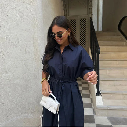 Casual Women's Lace Up Dress Single-Breasted Turn-Down Collar Short Sleeve Lady Dresses 2025 Spring Summer Loose Female Robe