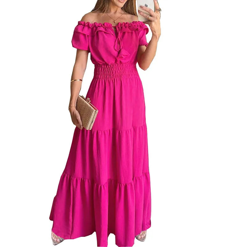 Spring Summer Women's New Dress, Women's Fashion Temperament, Ruffle Edge One Neck Short Sleeved Bubble Sleeve Dress