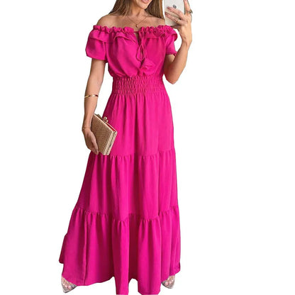 Spring Summer Women's New Dress, Women's Fashion Temperament, Ruffle Edge One Neck Short Sleeved Bubble Sleeve Dress
