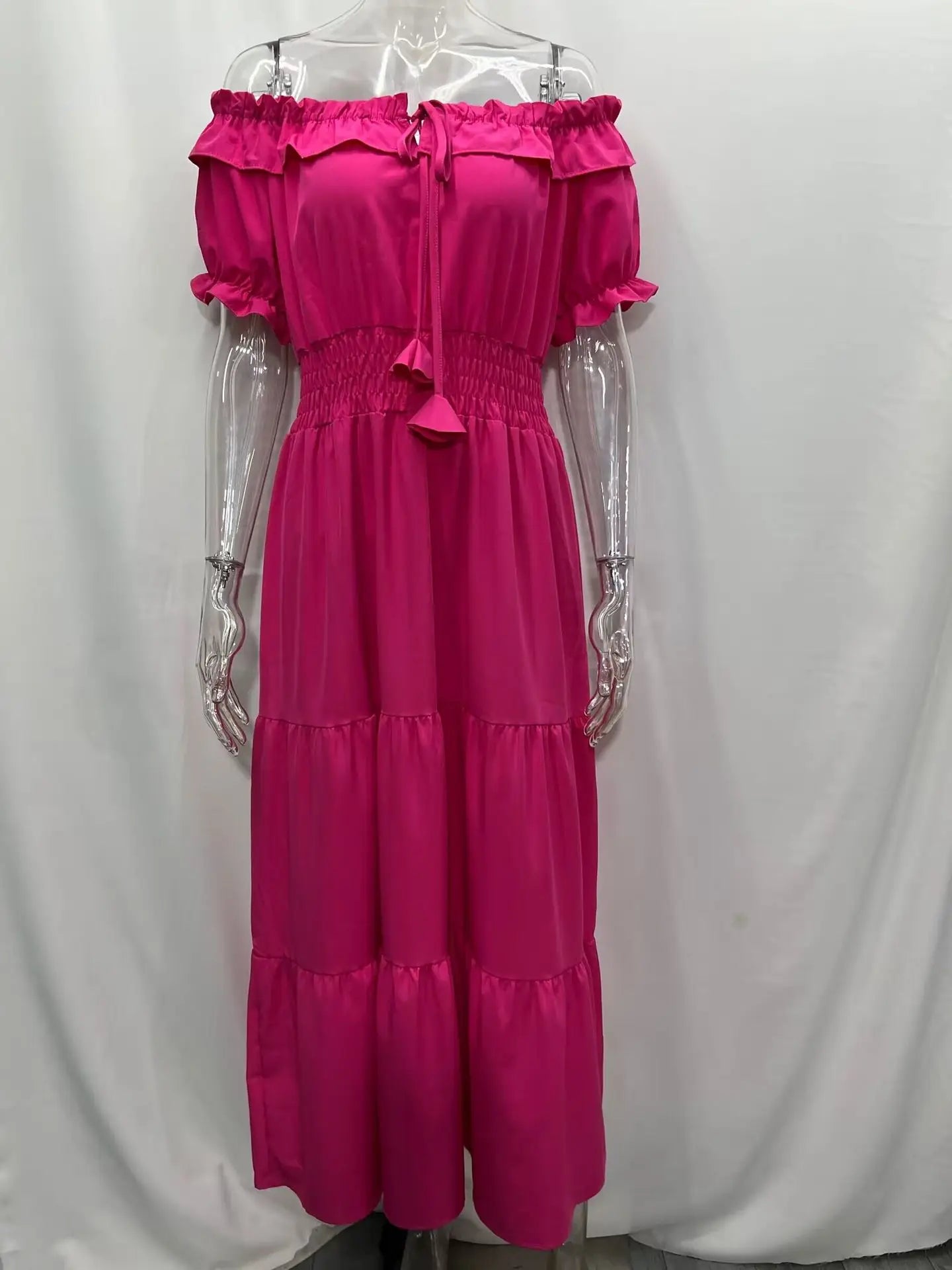 Spring Summer Women's New Dress, Women's Fashion Temperament, Ruffle Edge One Neck Short Sleeved Bubble Sleeve Dress