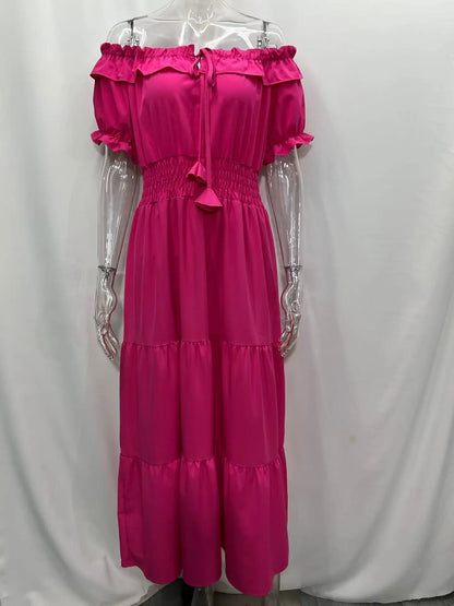Spring Summer Women's New Dress, Women's Fashion Temperament, Ruffle Edge One Neck Short Sleeved Bubble Sleeve Dress