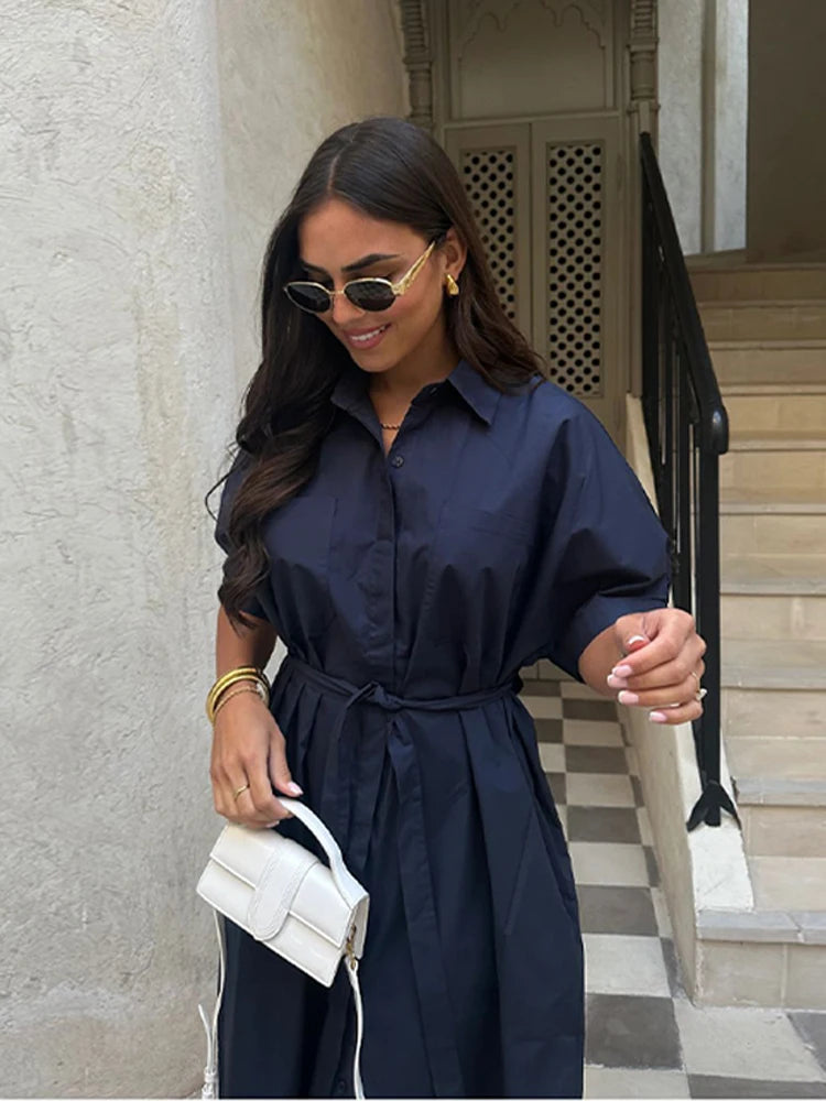 Casual Women's Lace Up Dress Single-Breasted Turn-Down Collar Short Sleeve Lady Dresses 2025 Spring Summer Loose Female Robe