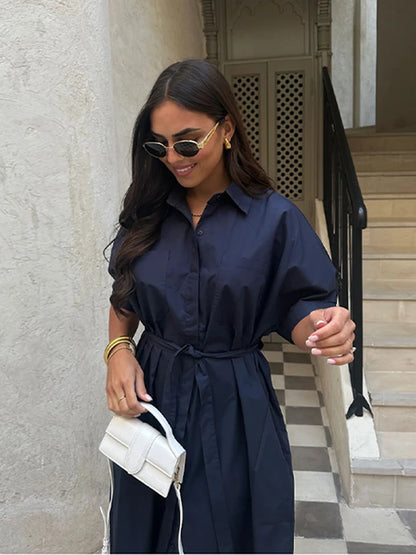 Casual Women's Lace Up Dress Single-Breasted Turn-Down Collar Short Sleeve Lady Dresses 2025 Spring Summer Loose Female Robe