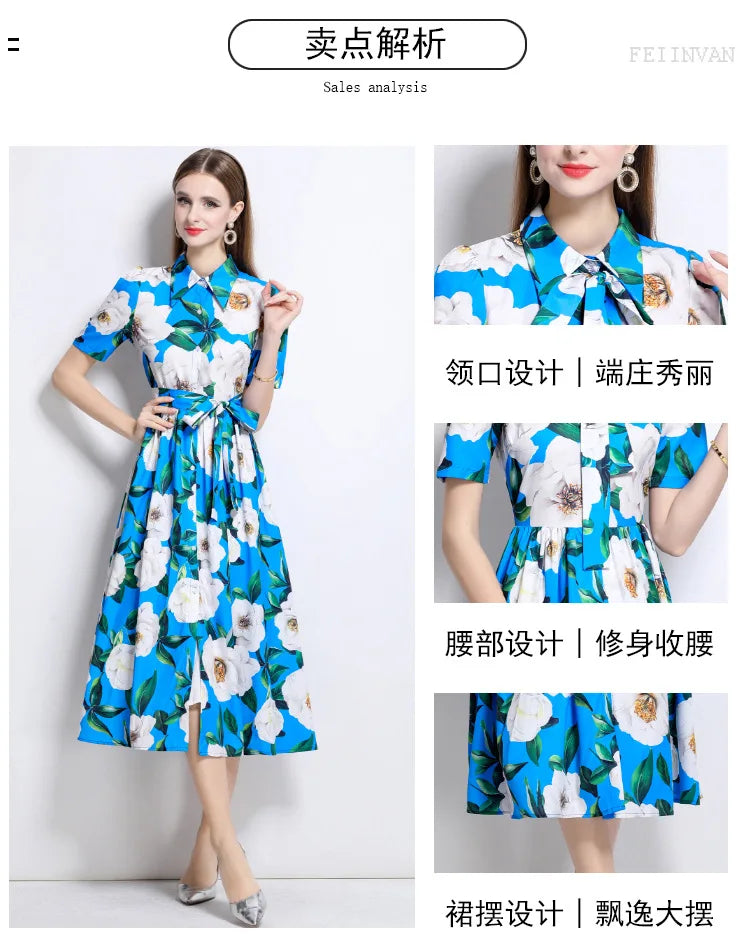 Slimming Rose Print Empire Waist Long Shirt Dress Women's Cross-Border Fashion Summer New Style Knee-Length Elegant Dress
