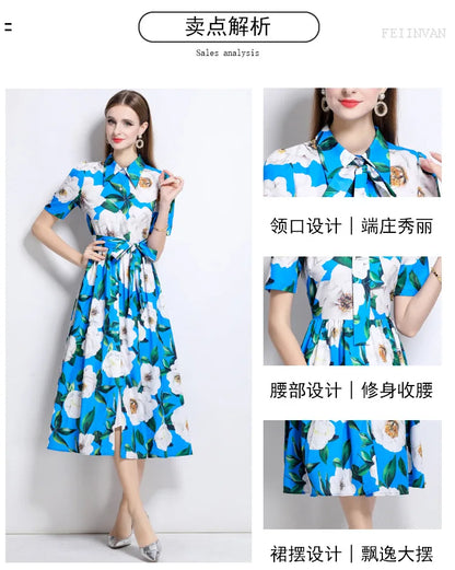 Slimming Rose Print Empire Waist Long Shirt Dress Women's Cross-Border Fashion Summer New Style Knee-Length Elegant Dress