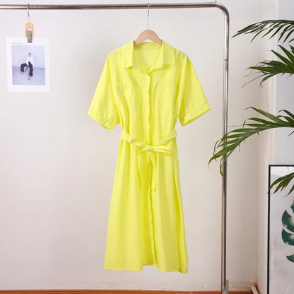 Casual Women's Lace Up Dress Single-Breasted Turn-Down Collar Short Sleeve Lady Dresses 2025 Spring Summer Loose Female Robe