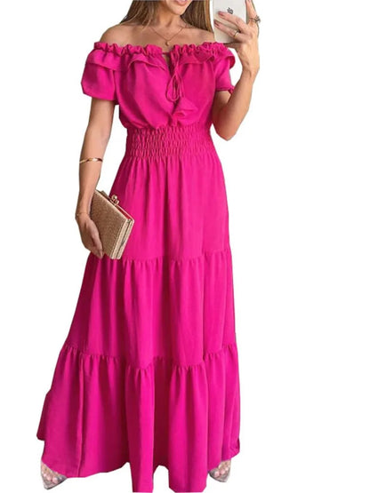 Spring Summer Women's New Dress, Women's Fashion Temperament, Ruffle Edge One Neck Short Sleeved Bubble Sleeve Dress