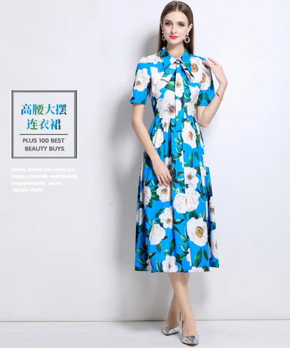 Slimming Rose Print Empire Waist Long Shirt Dress Women's Cross-Border Fashion Summer New Style Knee-Length Elegant Dress