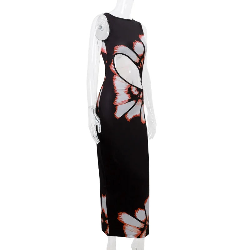 Hollow Out Printed Sleeveless Maxi Dress Women's Summer Fashion Slim High Waist Sexy Elegant Female Bodycon Long Dress New
