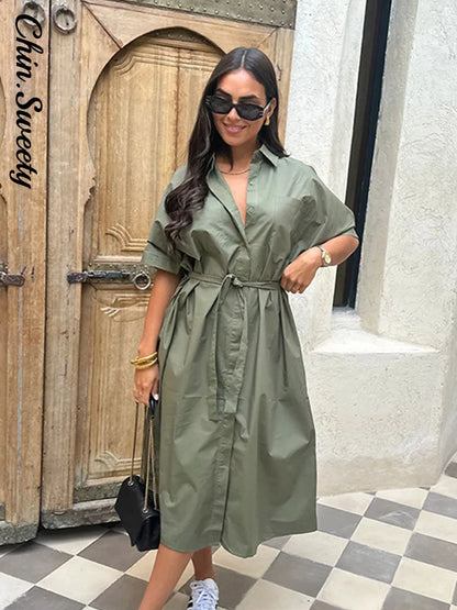 Casual Women's Lace Up Dress Single-Breasted Turn-Down Collar Short Sleeve Lady Dresses 2025 Spring Summer Loose Female Robe