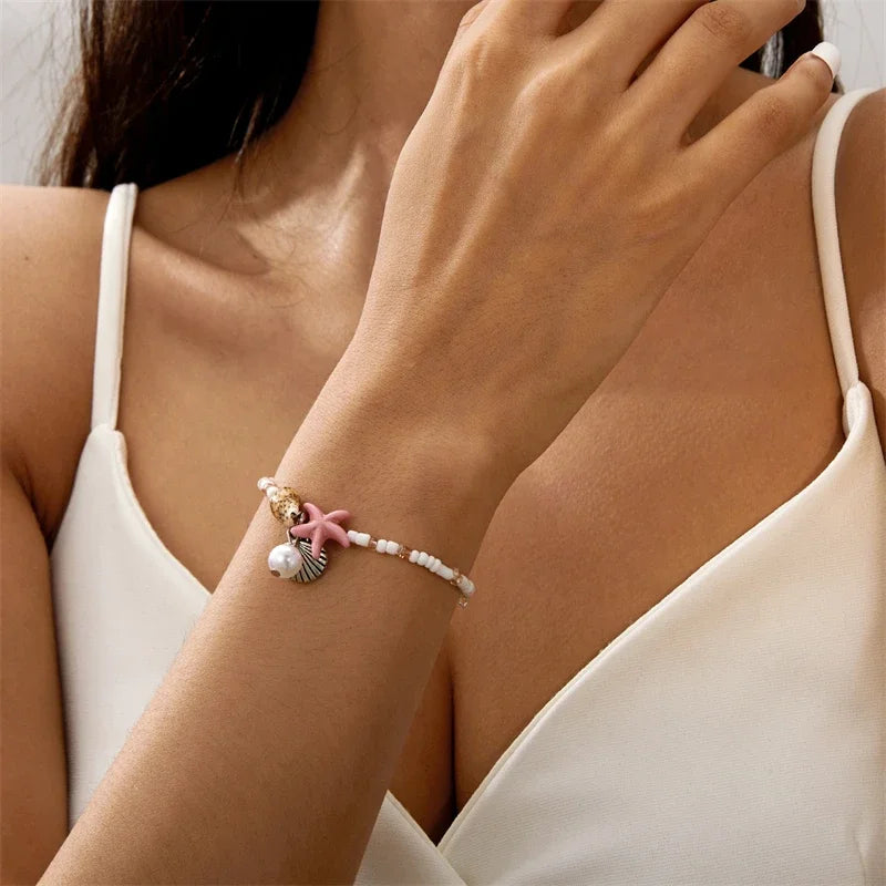 MOONBIFFY Bohemian Shell Bead Bracelet – Women's Ocean Star Turtle Woven