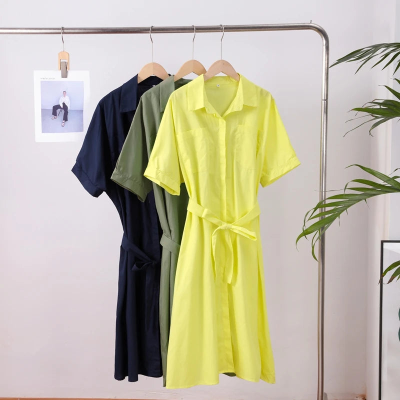 Casual Women's Lace Up Dress Single-Breasted Turn-Down Collar Short Sleeve Lady Dresses 2025 Spring Summer Loose Female Robe