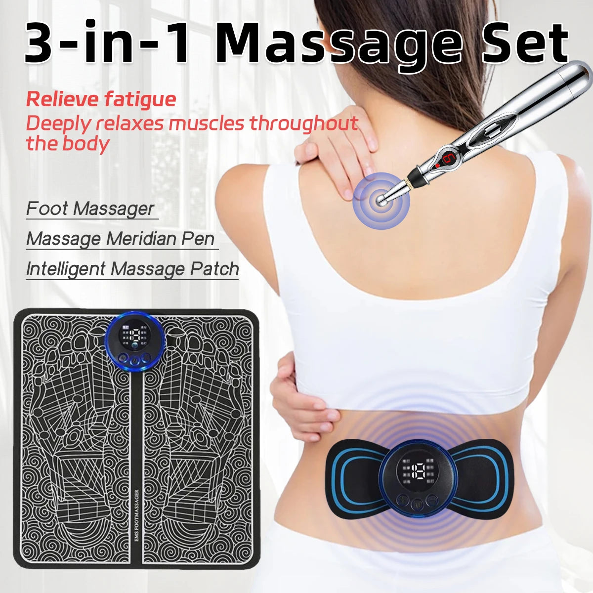3PCS Home Massager Set EMS Foot Therapy Massager Multi-function Electronic Massage Pen to Relieve Shoulder Neck Waist Back Pain
