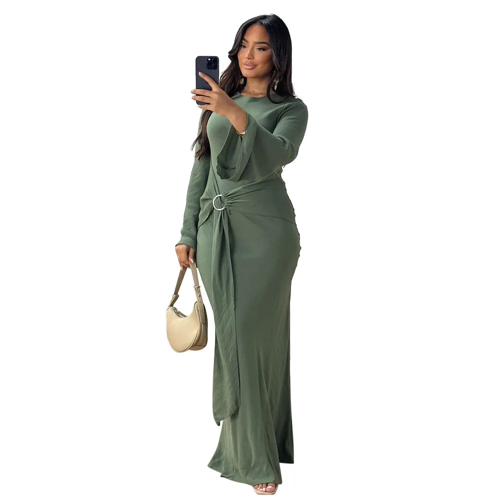2024 Autumn Fashion Women's Leisure Elegant Maxi Dress Metal Buckle Retro Solid Long A-line Women's Dress Party Vestidos Robes