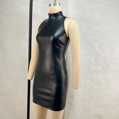 Fashion PU Leather Mini Dress Women Elegant Stand Collar Bodycon Short Party Dress Female Sexy Slim Sleeveless Evening Vestidos