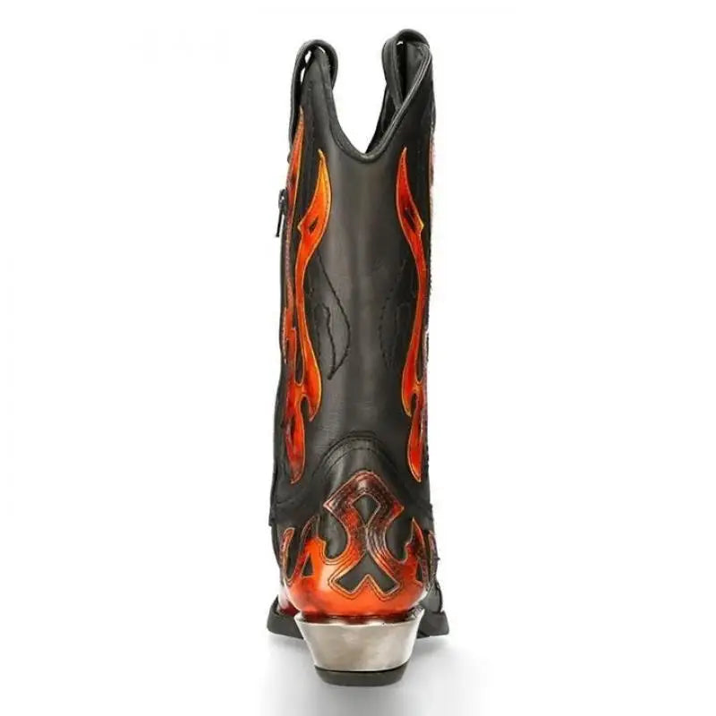 Embroidered Flame Colorblocked Knee-High Boots Fashionable Pointed Toe Thick-Heel Knight Botines Large-Size Men Botas Femininas