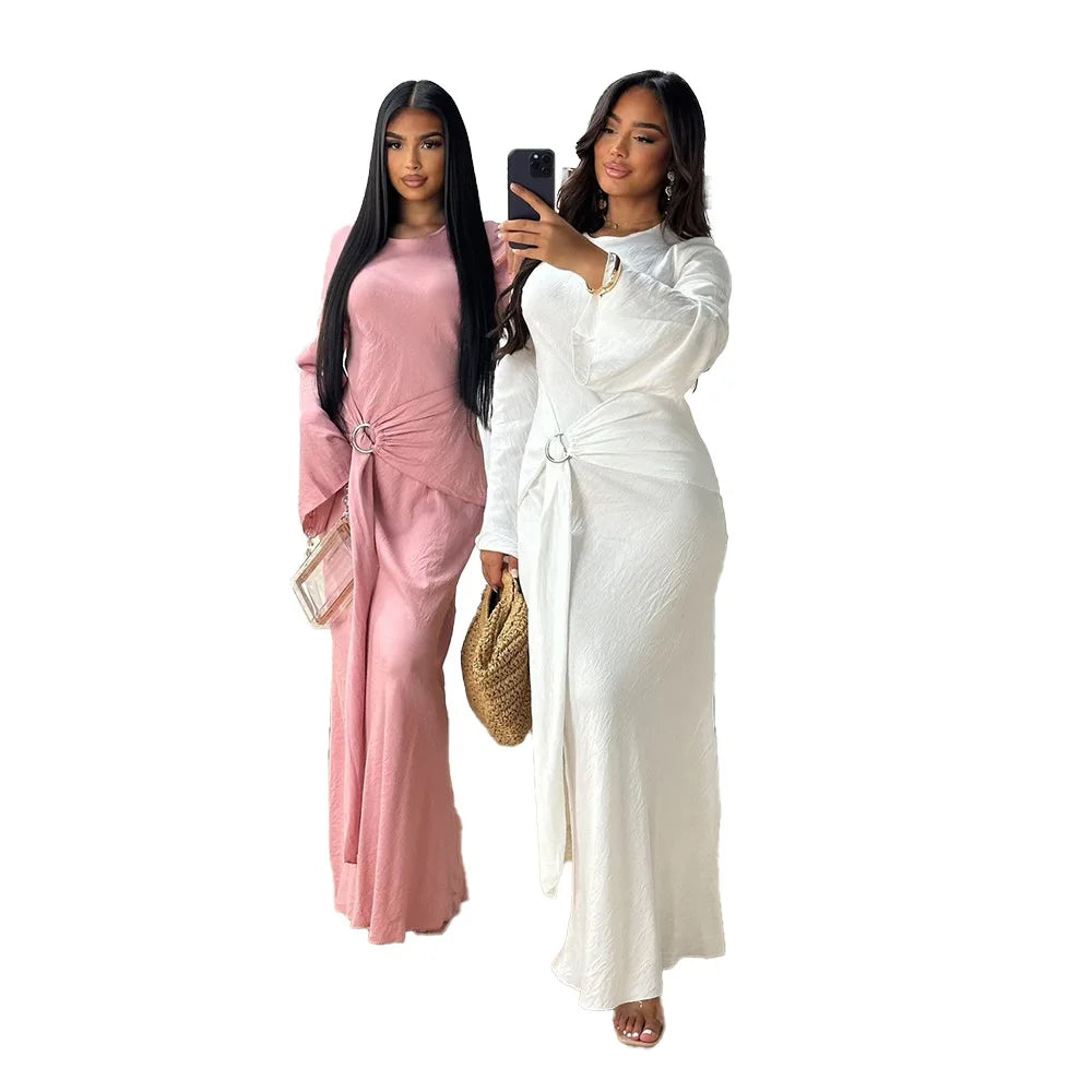 2024 Autumn Fashion Women's Leisure Elegant Maxi Dress Metal Buckle Retro Solid Long A-line Women's Dress Party Vestidos Robes