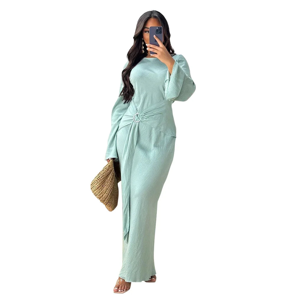 2024 Autumn Fashion Women's Leisure Elegant Maxi Dress Metal Buckle Retro Solid Long A-line Women's Dress Party Vestidos Robes