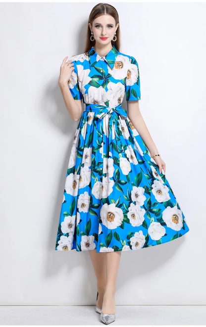 Slimming Rose Print Empire Waist Long Shirt Dress Women's Cross-Border Fashion Summer New Style Knee-Length Elegant Dress