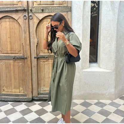 Casual Women's Lace Up Dress Single-Breasted Turn-Down Collar Short Sleeve Lady Dresses 2025 Spring Summer Loose Female Robe