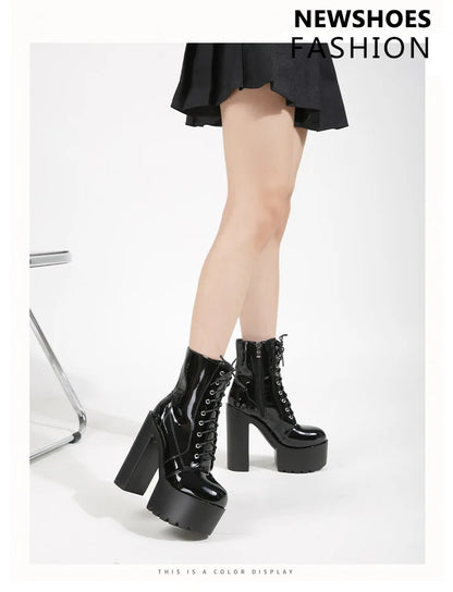 Ankle Boots Round Toe Block High Heel 14cm Platform Zipper Lace Up Plus Size 35-43 Party Booty Solid Platform Boots Ladies Shoes